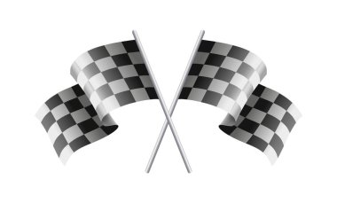 Kazıklarda sallanan iki çapraz bayrak, motor sporlarındaki bitiş çizgisini simgeliyor. Bayrakların siyah ve beyaz desenleri var ve beyaz arka plana karşı dizilmiş. Vektör illüstrasyonu