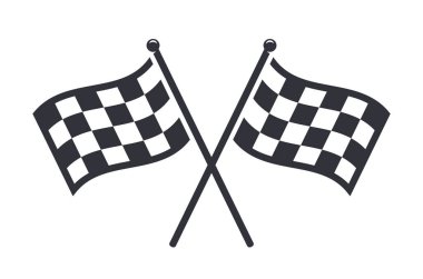 Siyah ve beyaz kareli yarış bayrakları beyaz arka planda çaprazlandı. Bayraklar motor sporları ve yarış etkinliklerindeki bitiş çizgisini sembolize ediyor. Vektör illüstrasyonu