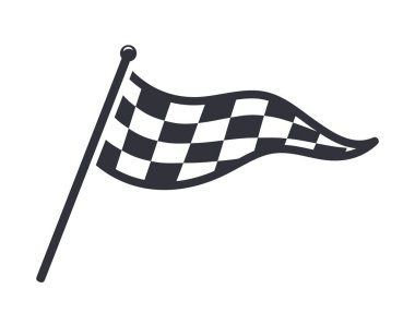 Siyah ve beyaz kareli yarış bayrağı beyaz arka planda izole edilmiş bir direkte dalgalanıyor. Motor sporlarının, bitiş çizgisinin, hızın ve rekabetin sembolü. Vektör illüstrasyonu