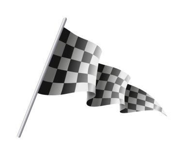 Siyah ve beyaz kareli yarış bayrağı beyaz arka planda izole edilmiş bir direkte dalgalanıyor. Motor sporunun, rekabetin ve zaferin sembolü. Vektör illüstrasyonu