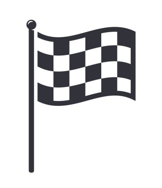 Siyah beyaz kareli yarış bayrağı direkte dalgalanıyor. Beyaz arka planda basit bir monokrom vektörü. Bitiş, zafer ve motor sporları yarışmasının sembolü. Vektör illüstrasyonu
