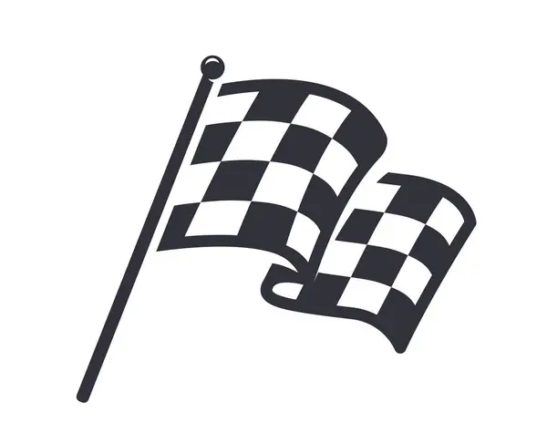 Siyah ve beyaz kareli yarış bayrağı direkte sallanıyor, motor sporlarındaki bitiş çizgisini sembolize ediyor. Beyaz arka planda minimalist monokrom tasarımı. Vektör illüstrasyonu