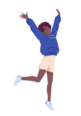 Mavi kapüşonlu kadın kolları havada, çizgi film stili, beyaz arka planda soyutlanmış. Mutluluk ve özgürlük kavramı. Vektör illüstrasyonu