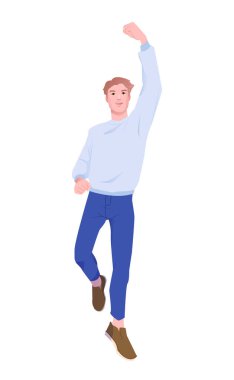 Sıradan giyinmiş bir adam beyaz arka planda, karikatür tarzında yumruğunu kaldırarak kutluyor. Başarı, başarı ve zafer kavramı. Vektör illüstrasyonu