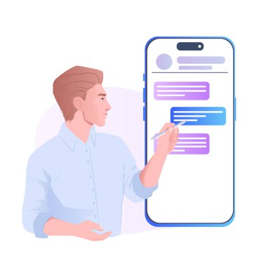 Akıllı telefon sohbet uygulaması kullanan bir adam, düz grafik tarzı, beyaz arka plan, iletişim konsepti. Vektör illüstrasyonu