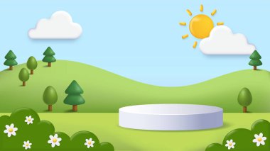 3D manzara podyumu. Ağaçların yanındaki ormanda beyaz bir heykel. Ürün sunumu için yer. Reklam ve pazarlama. Yaz ya da bahar sezonu sahnesi. İzometrik vektör illüstrasyonu