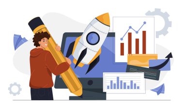 İş geliştirme konsepti. Bilgisayar ve roketin yanında büyük kalemli bir adam. Başla ya da iş geliştir. Fikri ve yeniliği olan bir iş adamı. Düz vektör illüstrasyonu