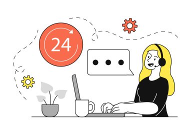 Santral operatörünü ara. Bilgisayarlı kulaklıklı bir kadın. Danışma ve yardım. Teknik müşteri desteği ve sorulara cevaplar. Doğrusal vektör çizimi