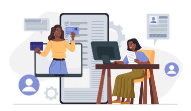 Müşteri ilişkileri yönetimi. Kadın müşteriyle internet üzerinden iletişim kuruyor. Danışmanlık ve rehberlik, kullanıcıların teknik desteği. İş ilişkisi. Düz vektör illüstrasyonu