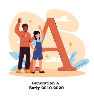 Alfa kuşağı posteri. Büyük A harfinin yanında duran iki çocuk. Demografi ve sosyoloji. Mutlu çocuklar. Bilgi ve eğitim materyalleri. Düz vektör illüstrasyonu