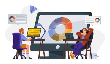 Grafik tasarımcısı çevrimiçi. İki adam rengi seçer. Bağımsızlar ortak proje üzerinde çalışıyor. Dijital sanatçılar mobil uygulama veya program geliştirirler. Düz vektör illüstrasyonu