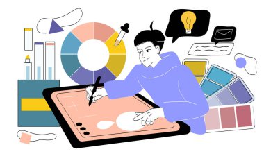 Grafik tasarımcısı. Genç adam tablete resim çiziyor. Ressam ve dijital ressam resim çiziyor. Serbest çalışan ya da uzaktan çalışan internet üzerinden para kazanıyor. Doğrusal vektör çizimi