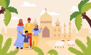 İslami aile kavramı. Cami yakınında tesettürlü çocuklu bir adam ve kadın. Geleneksel Doğu Asya kültürü. Müslüman aileler ve çocuklar. Gelenekler ve din. Düz vektör illüstrasyonu