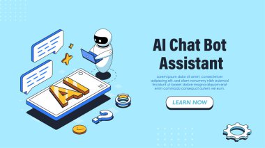 Isometric yapay zeka sohbet posteri. Akıllı telefonun yanında robot var. Yapay zeka ve makine öğrenimi. Kullanıcı sorularına verilen cevapların otomasyonu. İniş sayfası tasarımı. Doğrusal vektör çizimi