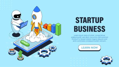 Isometric startup posteri. Roket fırlatma roketi grafik ve diyagramların yanında. Robot tanıtım projesi. Finansal okuryazarlık ve yönetim. İniş sayfası tasarımı. Doğrusal vektör çizimi