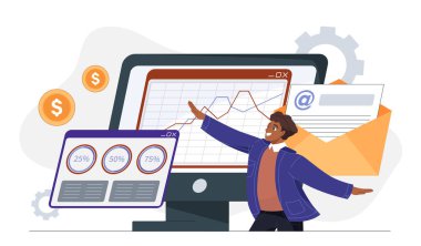 Piyasa büyümesi konsepti. Bilgisayarın yanında büyüyen grafikleri ve grafikleri olan bir adam. İstatistikler, bilgi grafikleri ve veri görselleştirmesi. Yatırım ve ticaret. Düz vektör illüstrasyonu