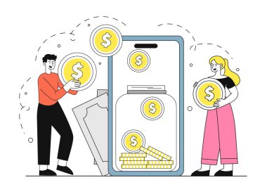 Para transferi olan insanlar. Akıllı telefonun yanında cam kavanozlu altın sikkeleri olan kadın ve erkek. Nakit para transferleri ve işlemler. Dijital cüzdan. Doğrusal vektör çizimi