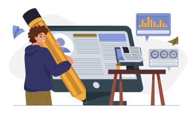 Yeni iş yönleri geliştirme. Bilgisayarın yanında grafikleri ve çizelgeleri olan kalemli bir adam. İşletme. Şirket geliştirme ve girişim geliştirme. Düz vektör illüstrasyonu