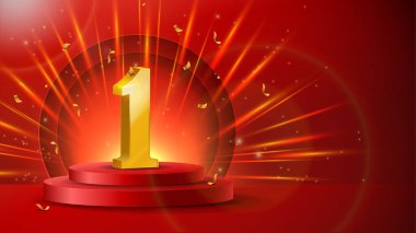 Bir numaralı poster. Kırmızı podyum ya da bir numaralı altın parlayan kaide. Yarışmada ya da şampiyonada kazanana ödül ve ödül. Tebrikler pankart. İzometrik vektör illüstrasyonu