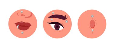 Bir set piercing. Dekorasyon ve mücevher. Sünger, burun, kaş ve meme ucu halkaları. Cazibe, estetik ve zarafet. Düz vektör koleksiyonu beyaz arkaplanda izole edildi
