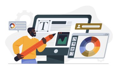 Web sitesi tasarımı. Bilgisayar monitörünün yanında kocaman kalemi olan adam. Grafik tasarımcısı ve dijital sanatçı web sayfası için UI ve UX tasarım elementleri oluşturur. Düz vektör illüstrasyonu