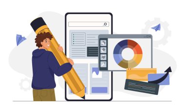 SMM doldurma günlüğü. Akıllı telefonun yanında kocaman kalemli bir adam. İçerik yaratan ve yetenekli bir yazar. İnternette reklam ve pazarlama. Web sitesi optimizasyonu. Düz vektör illüstrasyonu