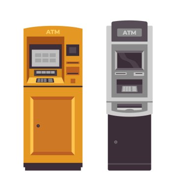 İki farklı ATM makinası sergileniyor, biri sarı, diğeri gri, değişik tasarım ve tasarımlar gösteriyor. Resim beyaz bir arkaplana göre ayarlanmış. Vektör illüstrasyonu