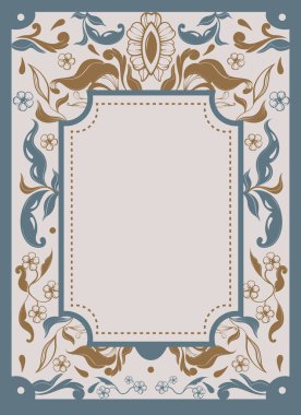 Süslü püslü bir sertifika çerçevesi. Krem rengi arka planda mavi ve altın desenleri var. Resmi belgeler için dekoratif vintage tarzı sınır. Vektör illüstrasyonu
