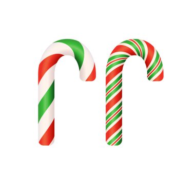 Beyaz arka planda kırmızı, yeşil ve beyaz çizgili iki Noel bastonu. Bayram ziyafeti konsepti. Vektör illüstrasyonu
