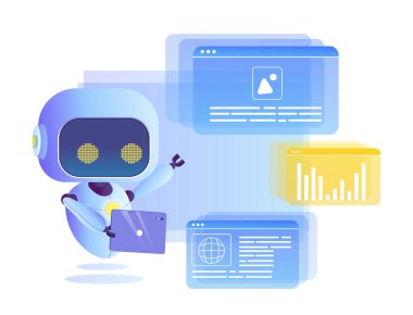 Tablet tutan ve yüzen dijital arayüz pencereleriyle etkileşime giren, veri ve görüntüleri gösteren, yapay zeka teknolojisini ve otomasyonu sembolize eden sevimli gelecekçi bir robot. Vektör illüstrasyonu