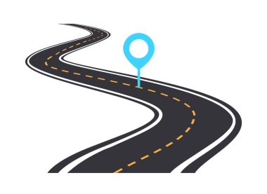 Beyaz arka planda mavi lokasyon işaretli viraj yolu. Yol, yön bulma, seyahat ve GPS 'i sembolize eden sarı çizgiler çiziyor. Vektör illüstrasyonu