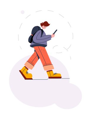 Sırt çantalı genç bir adam telefonuna bakarken yürüyor. Beyaz arka planda modern düz stil. Dijital bağımlılık ve akıllı telefon bağımlılığı kavramı. Vektör illüstrasyonu