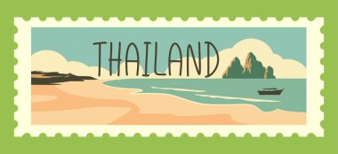 İçinde kum, deniz, dağlar ve retro renk paletinde bir teknenin olduğu Tayland plaj sahnesinin olduğu klasik posta pulu. Dekoratif sınır seyahat temasını geliştirir. Vektör illüstrasyonu