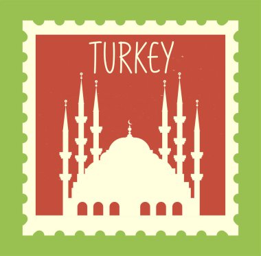 Uzun minareli bir caminin siluetini içeren eski posta pulu tasarımı, yeşil kenarlı kırmızı bir arka planda ayarlanmış. Seyahat ve turizm kavramı. Vektör illüstrasyonu