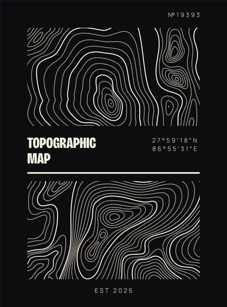 Soyut topoğrafik harita çizimi ve koyu arkaplan çizgileri. Tasarım, modern bir kartografi konsepti oluşturarak, yükselme eğrileri ve koordinatlara sahiptir. Vektör illüstrasyonu