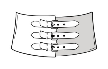 Üç tokalı bir korse kemeri tasviri. Minimalist bir el çizimi tarzıyla tasvir edilmiş. Kemer iki zıt renge bölünmüş, beyaz ve gri. Moda konsepti. Vektör illüstrasyonu