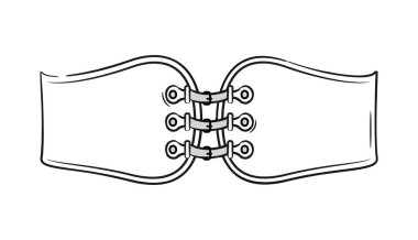 Metal göz ve kancalarla iki kumaş paneli birbirine bağlayan korse bağlama sisteminin siyah ve beyaz çizimi. Tasarım moda ve klasik tarzı temsil ediyor. Vektör illüstrasyonu