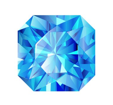 Sekizgen kesikli parlak mavi yüzlü değerli taş. Karmaşık yansımalar ve ışık efektleri sergiliyor. Mücevher beyaz arka plana göre ayarlanmış. Vektör illüstrasyonu