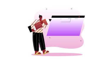 Yaratıcı tasarımcı. Web sitesinin grafik kullanıcı arayüzü oluşturan gülümseyen kadın web tasarımcısının afişi. UX UI tasarımcısı. Serbest çalışan ve uzaktan çalışan. Çizgi film düz animasyon grafikleri