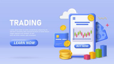 Şamdan şeması, kredi kartı, Bitcoin paraları ve bar grafiği olan bir cep telefonundaki finansal ticaret uygulaması arayüzü. Mavi arka planda modern tasarım. Yatırım konsepti. Vektör illüstrasyonu