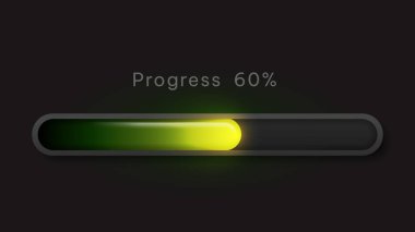 Koyu bir arkaplanda% 60 tamamlanma gösteren parlak bir ilerleme çubuğu. Çubuğun neon yeşil ve sarı bir etkisi vardır ve fütüristik ve modern bir görünüm yaratır. Vektör illüstrasyonu