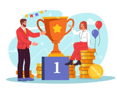 İş adamı ve iş kadını başarıyı büyük ödüller ve altın paralarla kutluyorlar. Arka planda balonlar, festival elementleri var. Başarı ve liderlik kavramı. Vektör illüstrasyonu