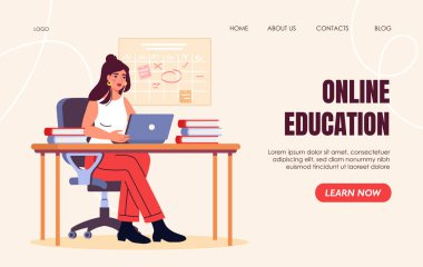 Bilgisayarı ve kitapları olan, ofis sandalyesinde oturmuş online çalışan bir kadın. Arka planda bir takvim var. Dijital öğrenme ve eğitim kavramı. Vektör illüstrasyonu