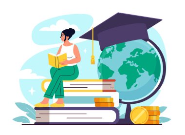 Yanında mezuniyet şapkası takmış, kitap istiflerken kitap okuyan bir kadın. Arka plan bulutlu açık mavi. Küresel eğitim kavramı. Vektör illüstrasyonu