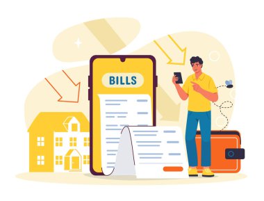 Adam elinde faturalarla cep telefonu ekranının yanında dururken akıllı telefonunu kontrol ediyor. Ev, cüzdan, oklar mali harcamaları gösteriyor. Çevrimiçi fatura ödemesi kavramı, mali yönetim. Vektör illüstrasyonu