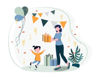 Heyecanlı çocuğuna balonlar, pankartlar ve konfetilerle dolu bir partide hediye veren bir anne. Arka planda bitkiler ve dekorasyonlar yer alıyor. Kutlama konsepti. Vektör illüstrasyonu