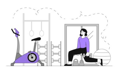 Mor bluzlu bir kadın spor salonunda dambıllarla hamleler yapıyor. Spor salonunda egzersiz bisikleti, dambıllar, su ısıtıcısı ve spor topu var. Fitness konsepti. Vektör illüstrasyonu