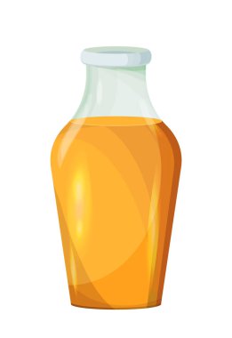 Şeffaf bir kapakla mühürlenmiş, altın turuncu sıvıyla dolu bir cam şişe. Şişenin parlak bir kapağı var ve beyaz arka planda tasvir ediliyor. Vektör illüstrasyonu