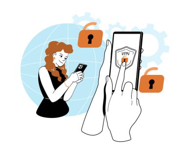 VPN güvenlikli akıllı telefon kullanan bir kadın, bir kilit simgesi ile sembolize ediliyor. Arka planda, İnternet erişimi ve veri korumasını temsil eden bir küre ve dişliler yer alıyor. Vektör illüstrasyonu