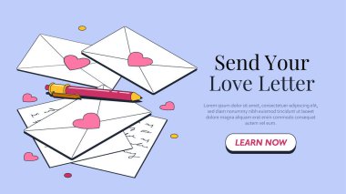 İçinde kalp mührü ve açık mavi arka planda bir kalem olan bir yığın aşk mektubu. Küçük kalp şekilleri etrafta yüzer. Romantik iletişim konsepti. Vektör illüstrasyonu